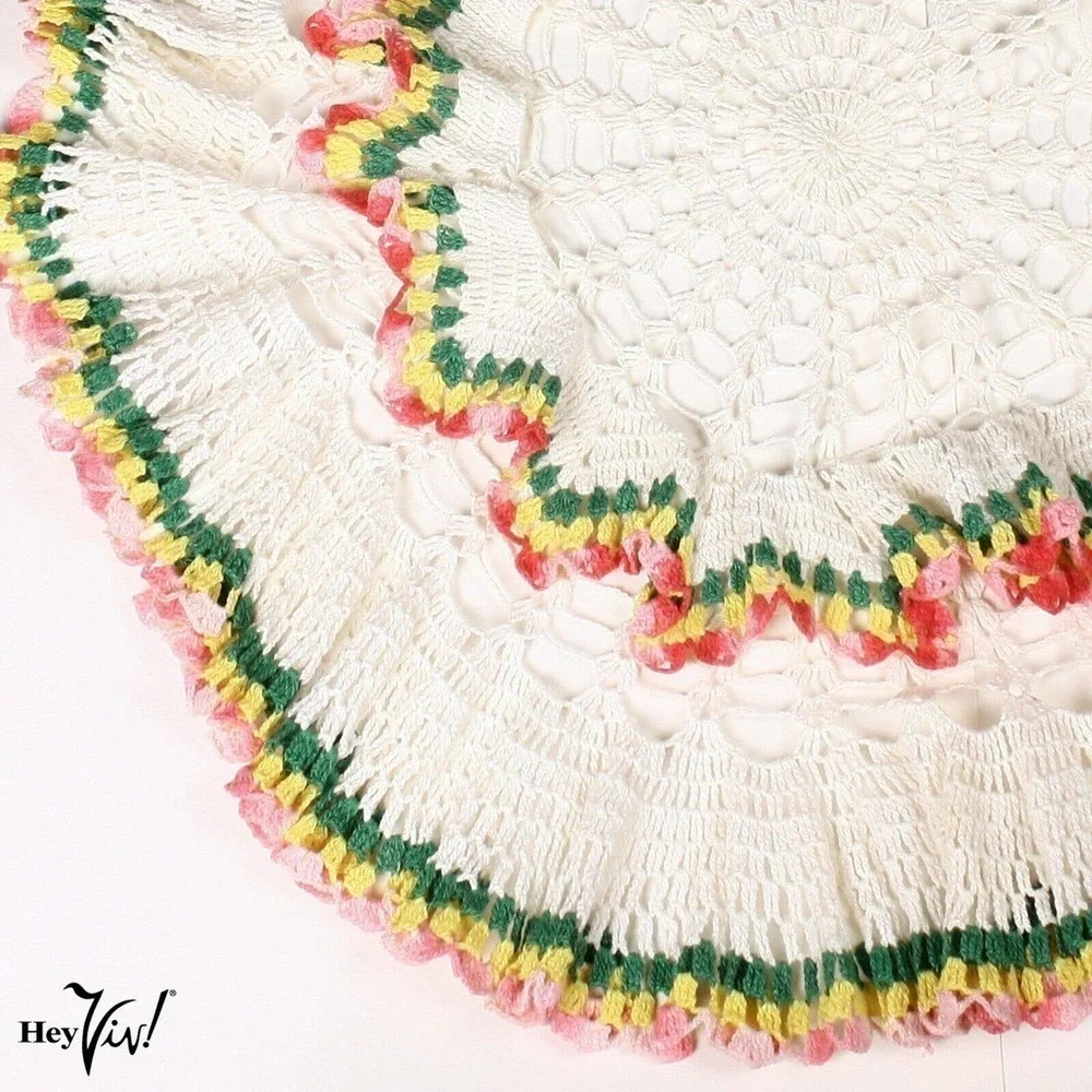 Vintage Cotton Crochet Table Cloth Topper Hand Made Ruffle Rainbow Edge -Hey Viv